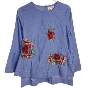 4/$25 Velzera Blouse Top Floral Rose Embroidered Blue White‎ Striped Women's S
